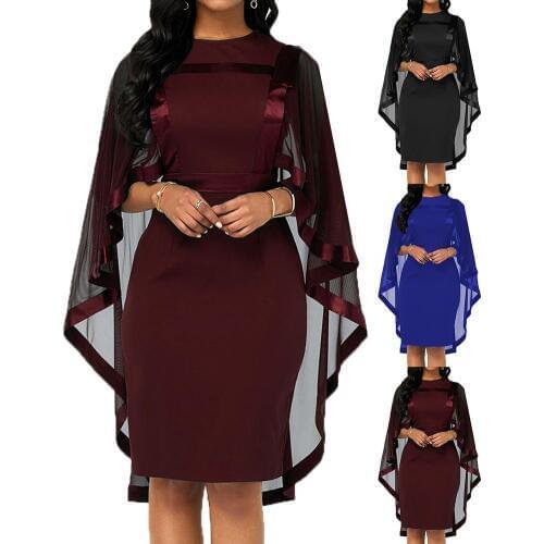 Fashion Women Cape Slim Round Collar Cocktail Party Banquet Bodycon Dress Elegant Slim Bodycon Dress 2019 Work Shirt Dress