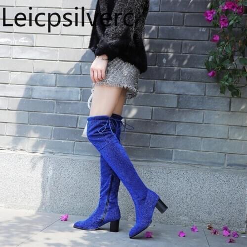Womens Boots The New winter fashion Pointed zipper mid heel Womens Over the knee boots plus size 35-48 Heel Height 6cm black