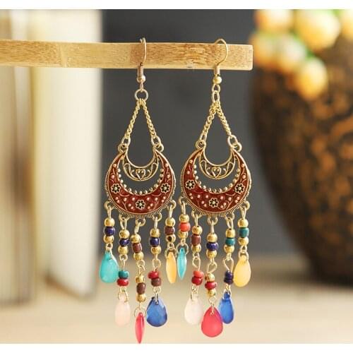 Womens Crescent Moon Alloy Long Chain Tassel Dangle Earrings Bohemia Crystal Beads Drop Earrings Jhumka Tibetan Jewelry