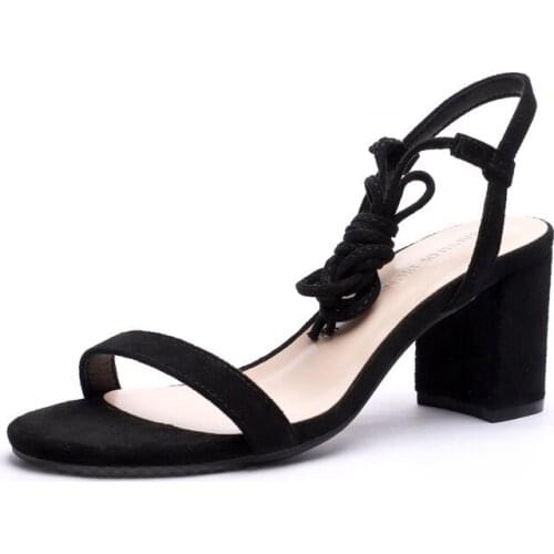 Sandalias Mujer 2020 Womens Ladies Pumps Fashion Lace Up Round Toe Flock 6.5CM Thick High Heels women shoes size 35-42 black