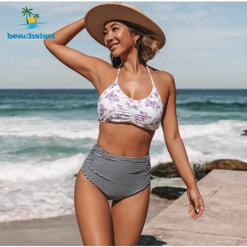 Beachsissi 2021 Lady Swimsuits Women High Waisted Swimwear Two Pieces Bikini Set Floral Striped Print Beachwear Bathing Suits