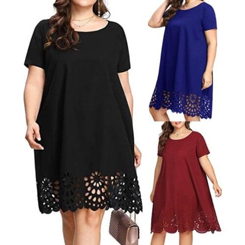Plus Size Casual Dress Women Summer Solid Short Sleeve Midi Dresses Ladies Simple O-Neck Hollow Out Large Size Dress Vestidos