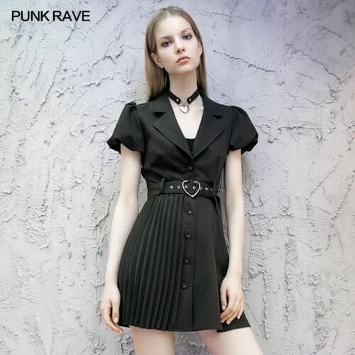 A dark summer dress Asymmetrical pleated hem Bubble sleeve Shirt-style pleated dress OPQ-725LQF