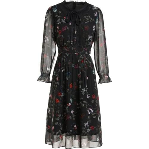 Gowani Spring Autumn Casual Floral Prined Long Sleeve Chiffon Midi Dress with Tie Detail