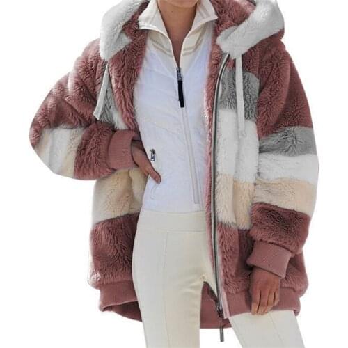 Winter Women Jacket Warm Plush Casual Loose Hooded Coat Mixed Color Patchwork Winter Outwear Faux Fur Zipper Ladies Parka Coat