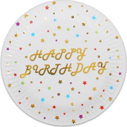 Gold Black Paper Party Wedding Happy Birthday Supplies Disposable Paper Plate Cup Cutlery Set Gold Star Hot Stamping Plate