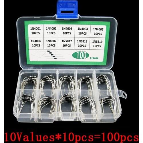 100Pcs 10 Values Rectifier Diode Assorted Diy Kit 1N4001 1N4002 1N4003 1N4004 1N4005 1N4006 1N4007 1N5817 1N5818 1N5819 With Box
