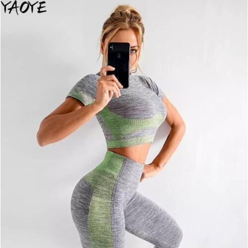 YAOYE 2PCS Short Sleeve Crop Top + High Waist Leggings Women Yoga Set Workout Sportswear Gym Clothing Fitness Sports Suits