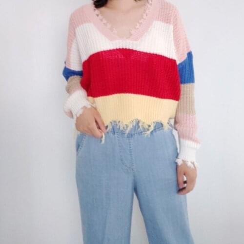 2020 New Elegant V-neck Rainbow Stripe Pullover Sweater For Women Tassel Loose Irregular Pullover Sueter Mujer Wn