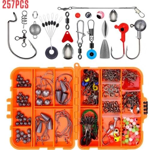 257pcs Fishing Kit Including Crank Hook Fishing Beads Sinker Weights Snaps Rolling Swivel Connector Rock Fishing Tackle Box