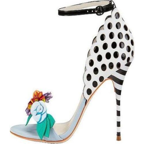 Newest women high heel stilettos super high thin heels open toe sandals red flower and green leaf design women party sandals