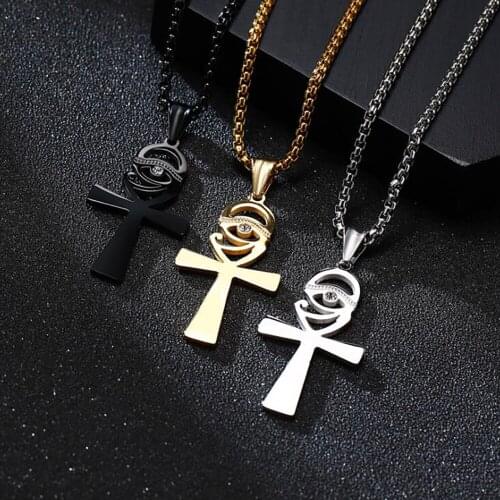 Stainless Steel Gold Ankh Religious Cross AAA Cubic Zirconia Egypt Pendant Necklace Men Women Jewelry Gift For Him with Chain