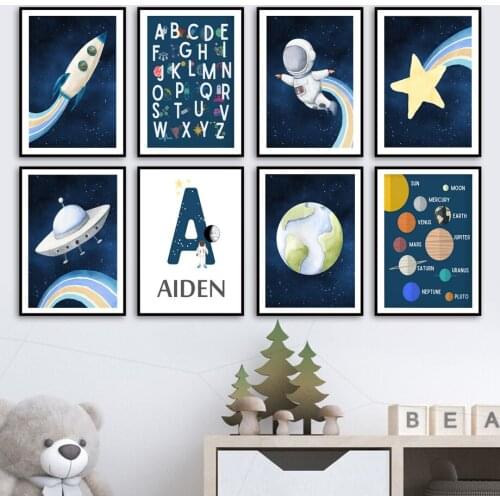 Baby Custom Name Alphabet Space UFO Astronaut Planet Wall Art Print Canvas Painting Nordic Poster Wall Pictures Kids Room Decor