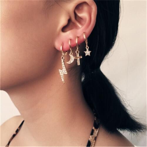 DoreenBeads Fashion Ear Clips Earrings Rose Gold Lightning Cross Clear Rhinestone Jewelry Gift 4cm - 2.4cm, 1 Set ( 4 PCs/Set)