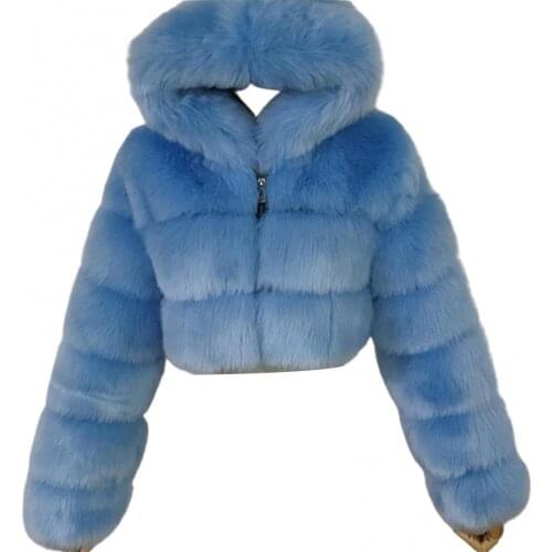 Dropshipping!!Women Fashion Winter Faux Fur Cropped Coat Fluffy Zip Hooded Warm Short Jacket
