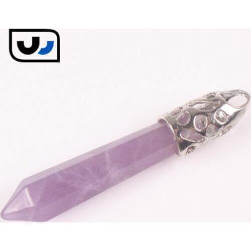 Dryzy Fashion 60mm Natural Purple Quartz Long Hexagonal Pointed Reiki Chakra Pendant Beads