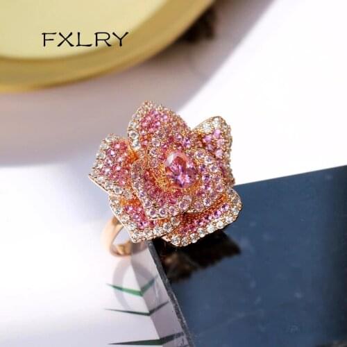 FXLRY New Design Pink Cubic Zirconia Flower Adjustable Open Ring For Women Girls Fashion Jewelry
