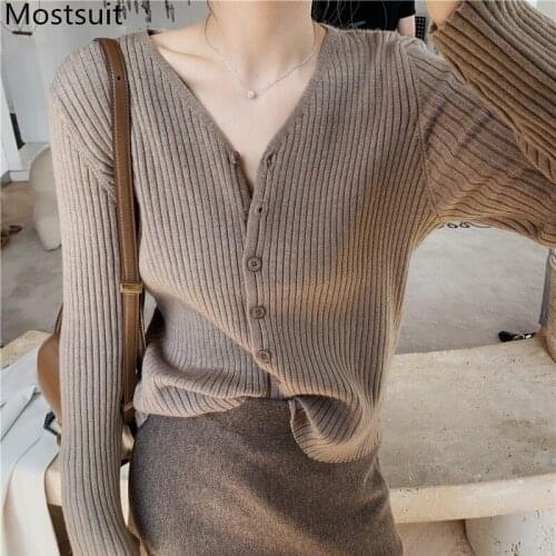 Single Breasted V-neck Knitted Cardigan Tops Women Full Sleeve Solid Vintage Korean Female Sweater Jumpers Femme 2021