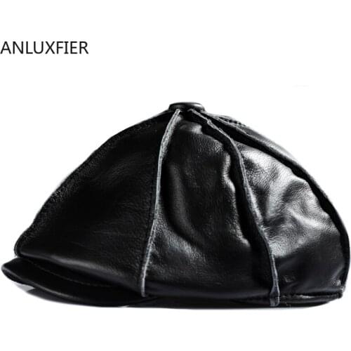 H6928 Young Middle-aged Men Leather Octagonal Painter Hat Cowhide Spring Outdoor Casual Cap Male Genuine Leather Fashion Hats