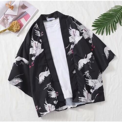 Chinese and Japan Style Red-crowned crane kimono cardigan mens BF style shirt