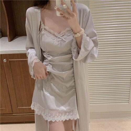 2PCS White Lace Edge V Ncek Pajamas Suit Silk Soft Nighty&Robe Set Sexy Intimate Lingerie Casual Nighties Wear Pijama Home