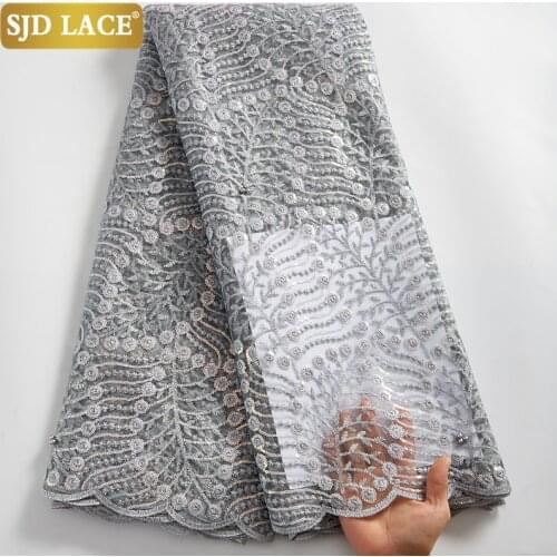 SJD LACE Gray French Lace Fabric With Sequins Beads African Mesh Lace Fabric Embroidery Wedding Materials For Bridal Dress A2544