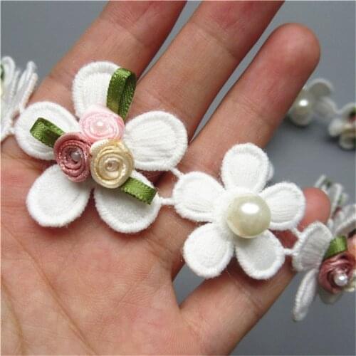 1 feet Width 4cm White Pearl Flower Lace Edge Trim Ribbon Embroidered Applique Sewing Craft Crochet Wedding Dress Kids Clothes