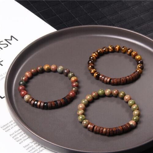 Minimalist Men Bracelets, Natural 8 MM Unkaite Stone Beads Bangle,Vintage Spacer Brown Wood Elastic Pulsera, Jewelry For Women