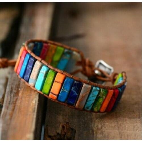 Trendy Multicolor Natural Stone Woven Bracelet Handmade Leather Stone Tube Beads 7 Chakra Bracelet Ethnic Style Creative Jewelry