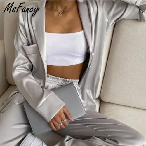 Msfancy Satin Pant Sets Women 2021 Lace-up Pajamas Mujer Long Sleeve Single Breasted Shirt High Waist Wide Leg Trouser Suits