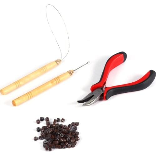 Hair Extensions Tool Kit 100Pcs 5mm Silicone Micro Links/Beads +1Pc Pulling Needle Hook Needle + Ring Needle Loop Needle Plier