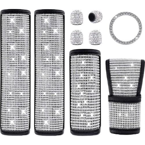 Bling Car Accessories Set, Seat Belt Covers, Rhinestones Gear Shift Cover,Handbrake Cover,Engine Sticker,Valve Stem Caps
