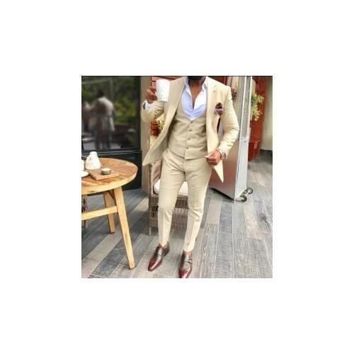 ANNIEBRITNEY 2021 Khaki Formal 3 Piece Men Suit Cutsom Slim Fit Groom Wedding Tuxedo Linen Prom Wedding Suit Set