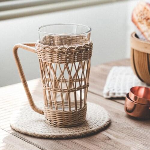Rattan Woven Water Cup Cover Glass Anti-scald Cover Cup Holder With Handle Protection Cover Insulation Cup for Home Living Room