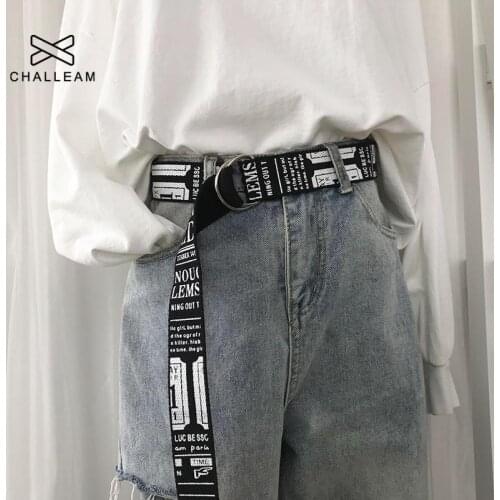 Punk Canvas Belt For Women Jeans Decorative Fashion Double D Ring Buckle Street Style Letter Printed Long Belt Men 112
