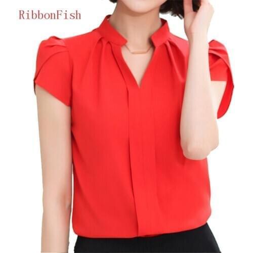 RibbonFish Simple Style Women Summer Chiffon Blouses Shirts Lady Girls Casual V-Neck Short Sleeve Tops Shirts Blusas DD1177