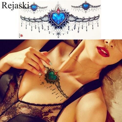 Sexy Black Lace Diamond Temporary Tattoo Women Body Clavicle Art Tattoo Stickers Neck Back Water Transfer Tatto Girl Waist Beach