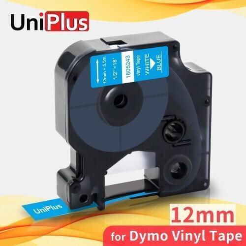 UniPlus 1/2" Compatible Dymo Vinyl Label Tape 12mm 1805243 White on Blue for Dymo Rhino Label Printer 6500 4200 3000 6000 5200