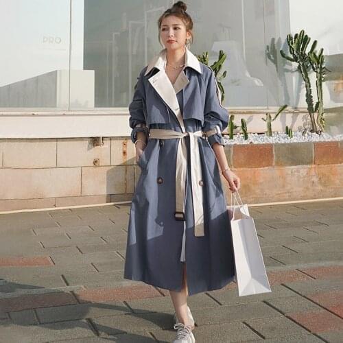 Womens Windbreaker Contrasting Color Fake Two-piece Long Section 2021spring Autumn New Korean High-end Quality Lining Coat 7E