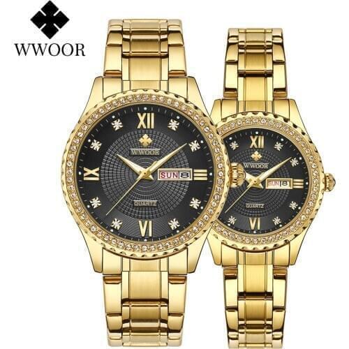 WWOOR Luxury Gold Couple Pair Watch Top Brand Quartz Waterproof Wrist Watch Stylish Diamond Men Women Clock Gift Relogios Casais