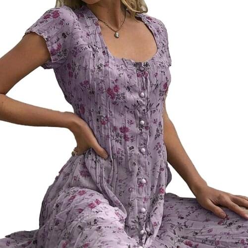 Woman Dress 2020 Loose Elegant Casual Square Neck Short Sleeve Floral Print Buttons Midi Dresses dress women flower 4XL платье