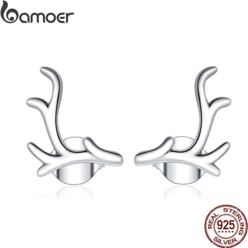 Bamoer Genuine 925 Sterling Silver Simple Antlers Stud Earrings for Women silver Fine Jewelry 2020 New Bijoux Earring SCE963