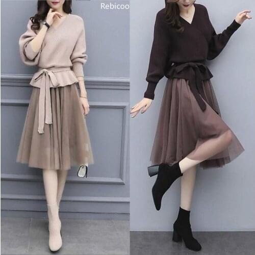 Womens sets fashion 2 piece new foreign v-neck lace style knit sweater Mesh princess skirt suit slim high quality 3xl 4xl