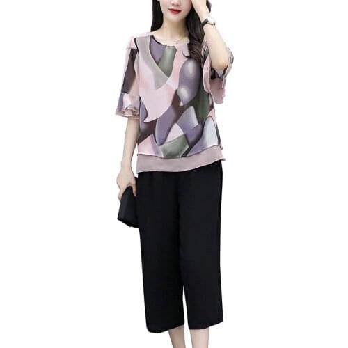 Large size Summer Women chiffonTrumpet sleeve top tee shirt and wide leg pants two pieces Sets ladies Cropped trousers Suits