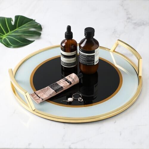 Golden Tray Glass Tea Set Storage Tray Nordic Simple Wind Round Metal Handle Creative Display Decorative Plate