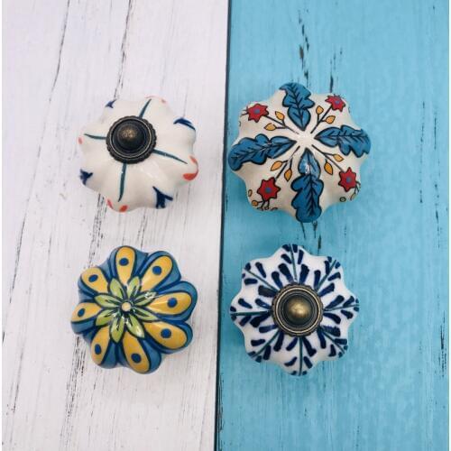 1pcs Retro Ceramic Door Handles Multi-Colorful Print Furniture Knobs Drawer Pulls Kitchen Cabinet Handles and Knobs With Screws
