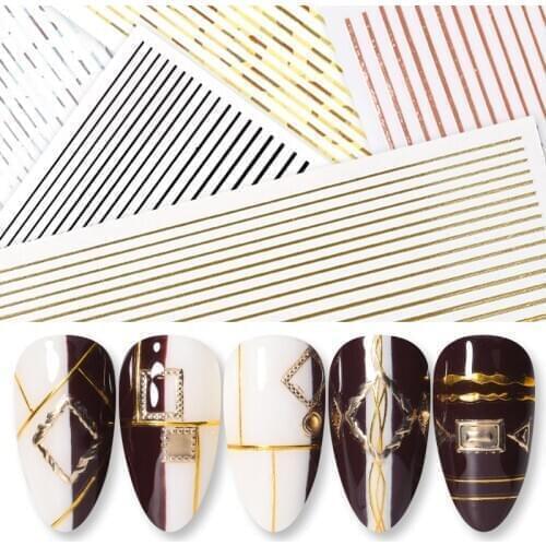1Pcs Nail Decal and Sticker Gold Silver Metal Curve Strip Lines Adhesive Striping Tape Multi-size 3D Stickers Nail Art DIY Decor