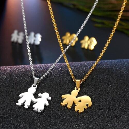 2pcs/Set Simple Couple Lover Hand In Gold Silver Color Necklace Earrings Jewelry Suit Fashion New 2021