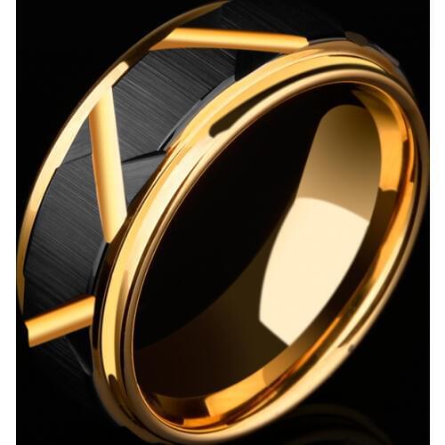 2018 New Arrival 8mm Width Black Tungsten Rings Mans Fashion Jewelry for Party Grooving and Gold Plating the Surface Size 7-11