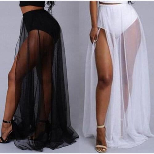 2021 Women Summer Beaches Mesh Skirt Solid Color High Waist Floor Length Split Long Maxi Dress for Party Cocktail